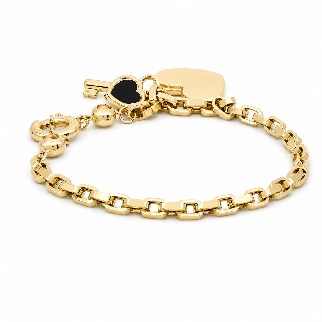 14K Yellow Gold Hearts with Key Women's Bracelet / Size: 7.5" / Weight 7.9 GR / DOWB4HRKY