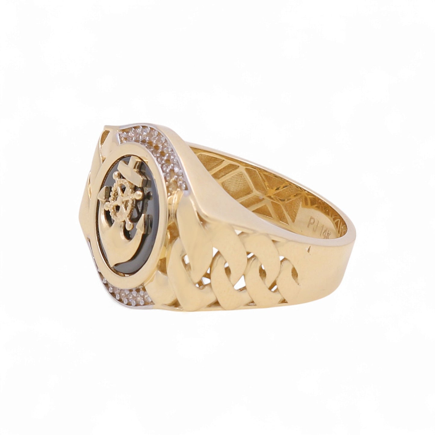 14K Yellow Gold Anchor Men’s Ring with Onyx Stone / CZ / Size 11 / Weight: 8 GR / CPMR4AN