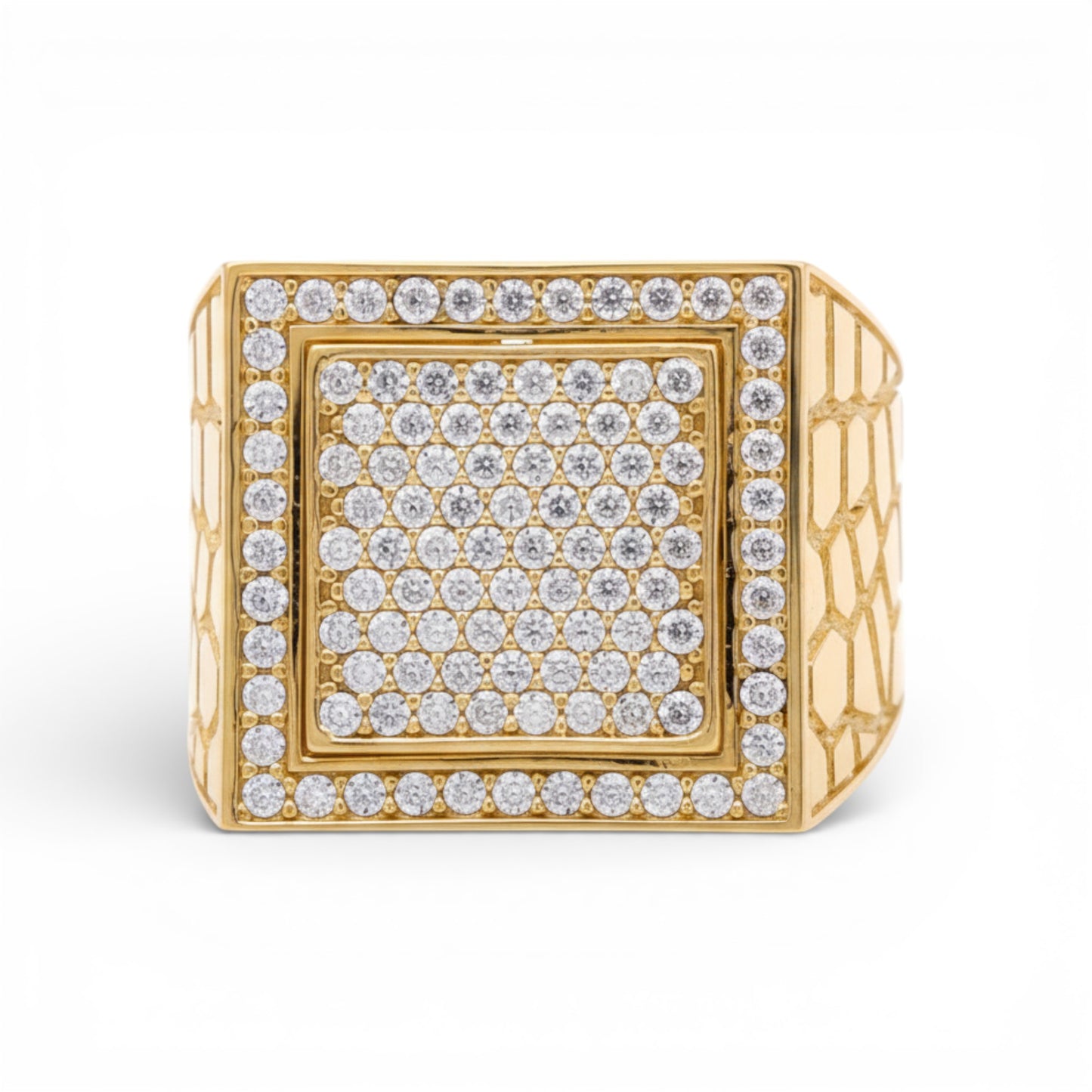 14K Yellow Gold SQ Nugget Men’s Ring with White Stones / Size 10.5 / Weight: 7.6 GR / M24-2