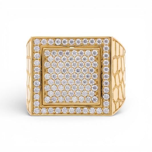 14K Yellow Gold SQ Nugget Men’s Ring with White Stones / Size 10.5 / Weight: 7.6 GR / M24-2
