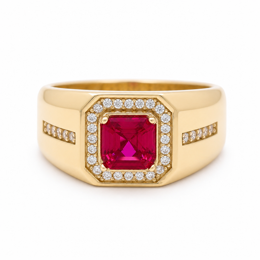 10K Yellow Gold Men's Ring with Cz and Red Stone / Size: 10 / Weight: 5.1GR / 602-00214