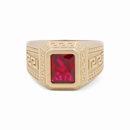 10K Yellow Gold Greek Men's Ring with Red Cz / Size: 10 / Weight: 6.4 GR / DPMR0GR