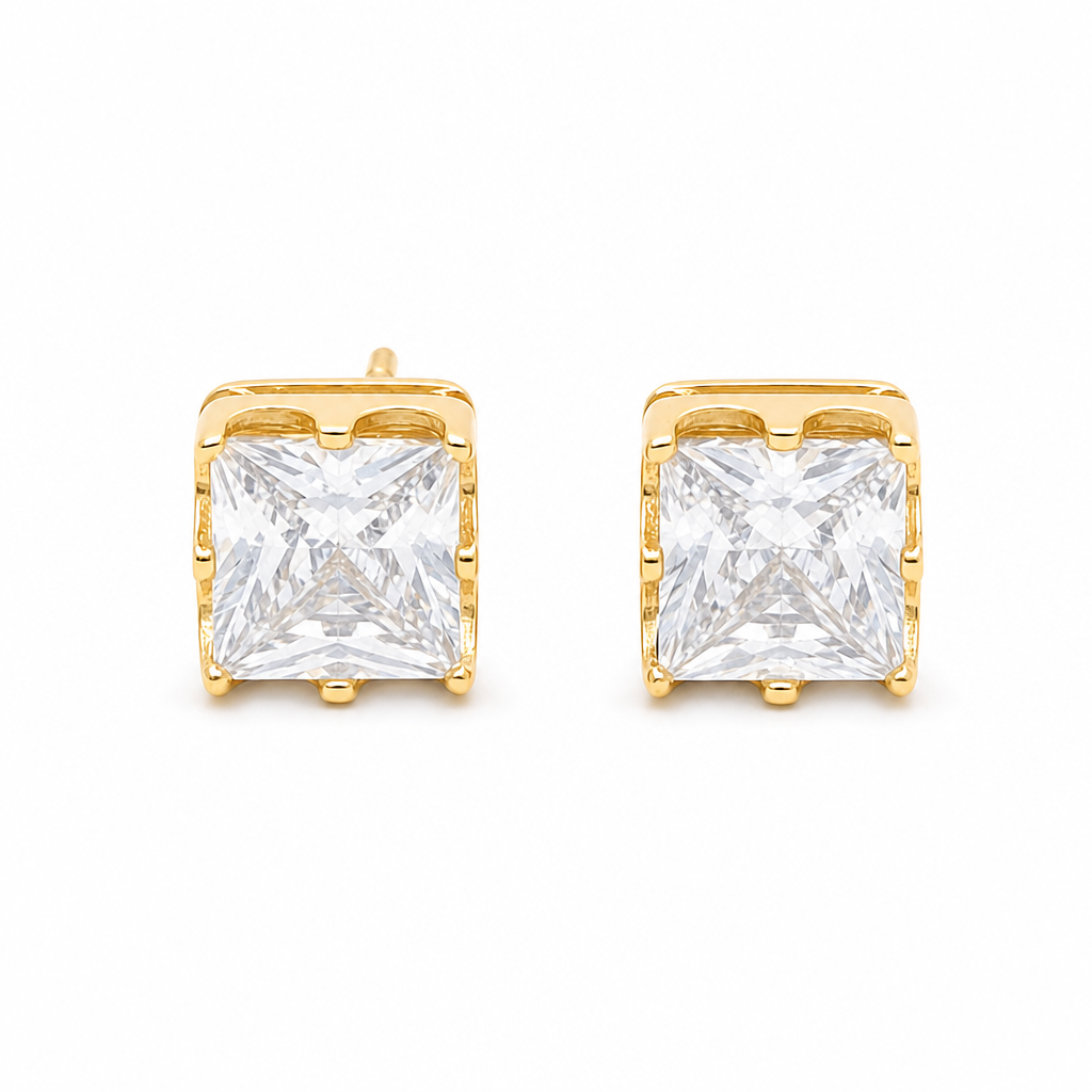 14K Yellow Gold Fashion Square Stud Earrings with Cz / Weight: 3.6 GR / DCFES4FS-1