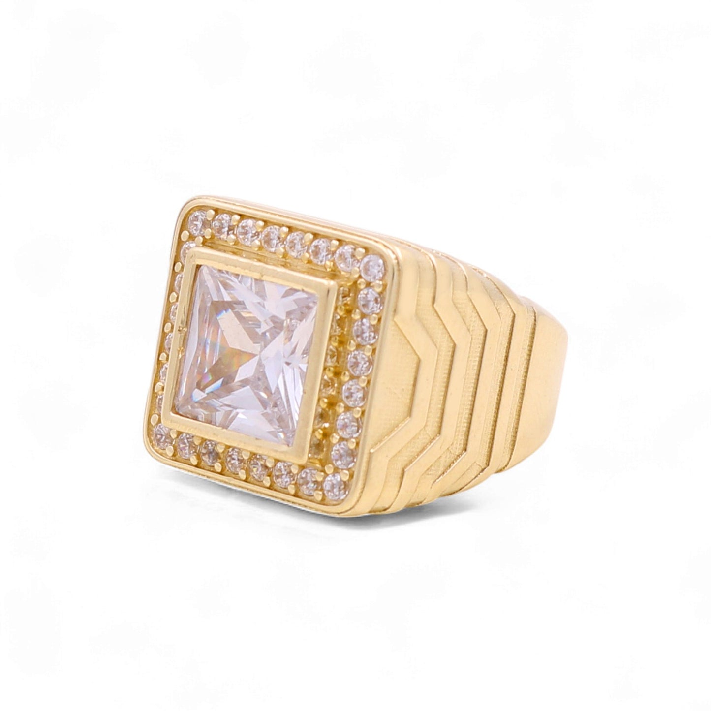 14K Yellow Gold Fashion Square Men's Ring with White Cz / Size 10 / Weight 11.9 GR / BOMR4FS-38