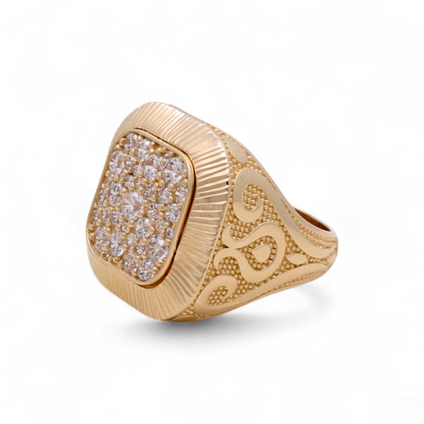 14K Yellow Gold Fashion SQ Men's Ring with Cz and Design / Size: 11 / Weight: 9.6 GR / DQMR4FS-7