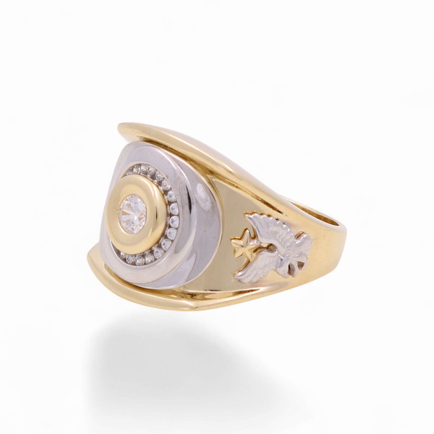 14K Yellow and White Gold Fashion Men's Ring with Eagle and CZ / Size: 10 / Weight: 9.2 GR / KEEMR4TTEG