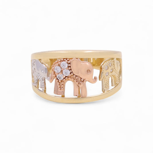 14K Yellow, Rose and White Gold three Elephants Women's Ring with Cz / Size: 7 / Weight: 3.2 GR / KEEWR3T4EP