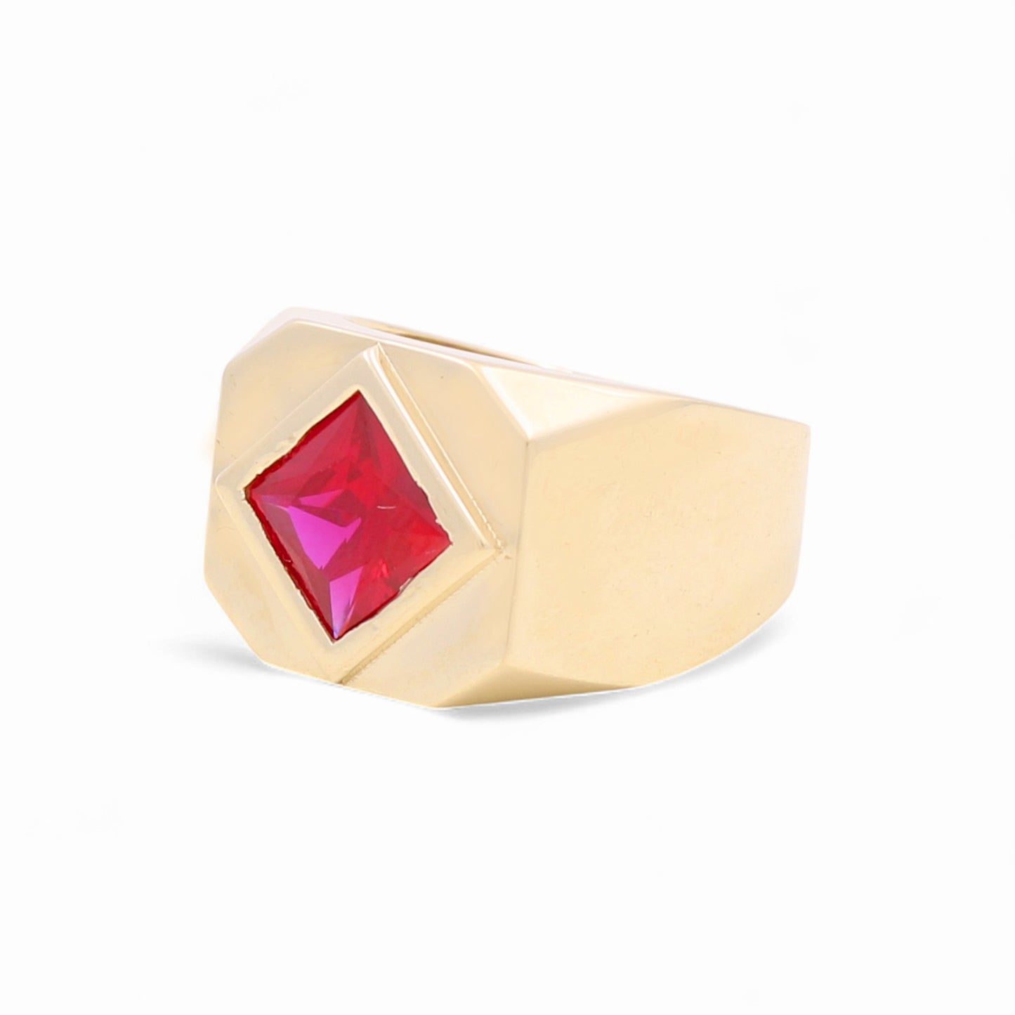 14K Yellow Gold Rhombus Men's Ring with Red Cz / Size: 10 / Weight: 7.5 GR / BOMR4FS-43