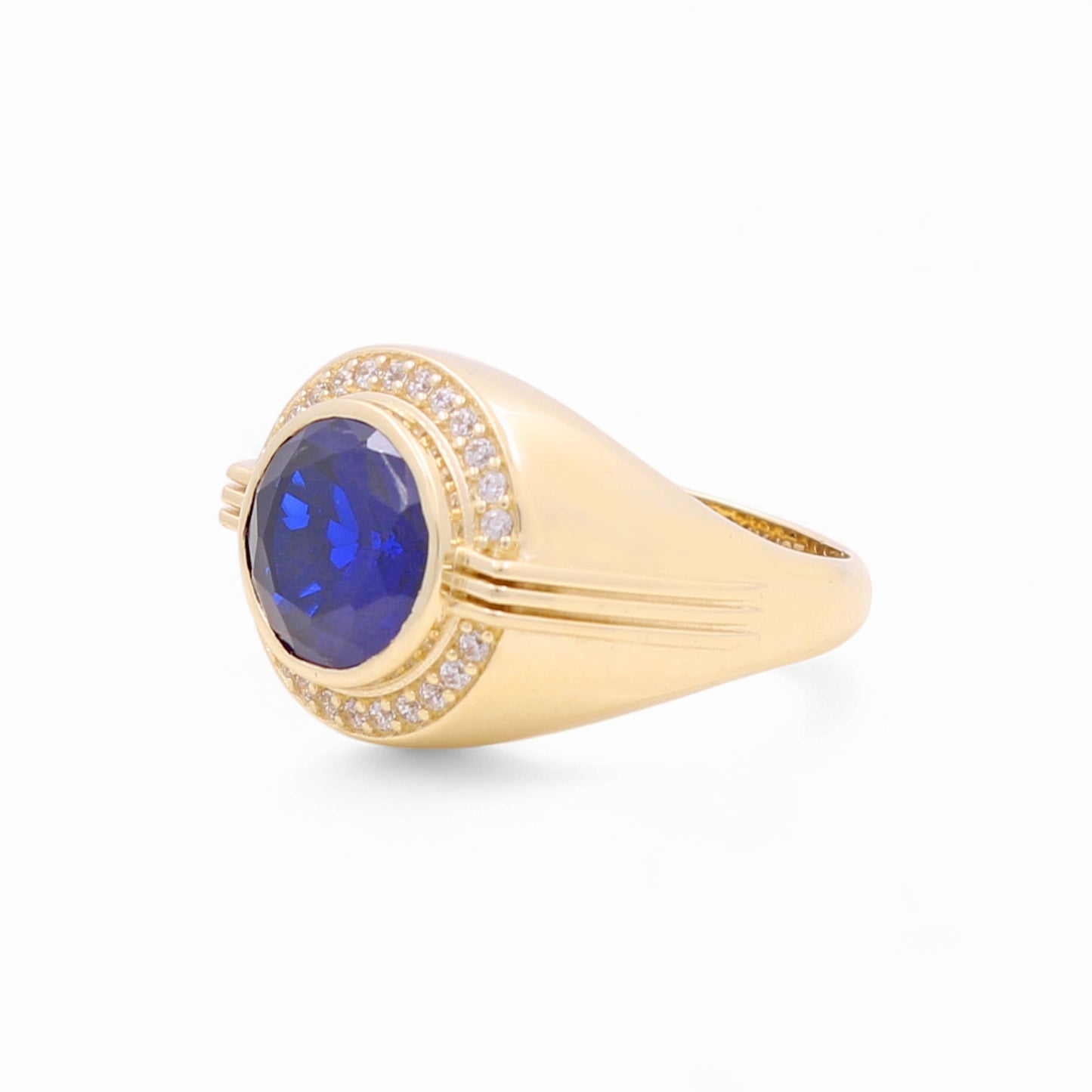 14K Yellow Gold Fashion Round Men's Ring with Blue and White Cz / Size 10 / Weight: 7.9 GR / BOMR4FS-40
