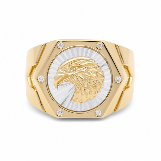 14K Yellow and White Gold Eagle Men's Ring / Stone: CZ / Size: 10 / Weight:10.5 GR / 711-00089