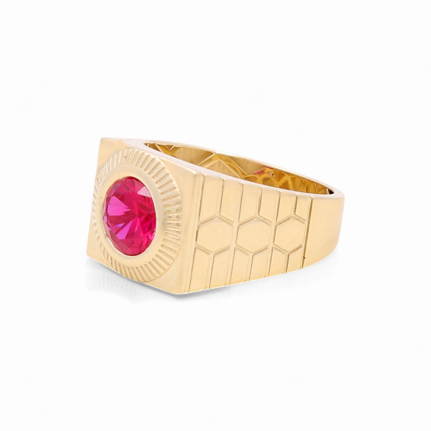 14K Yellow Gold Fashion Round Men's Ring with Red Cz / Size 11 / Weight: 6.2 GR / BOMR4FS-39