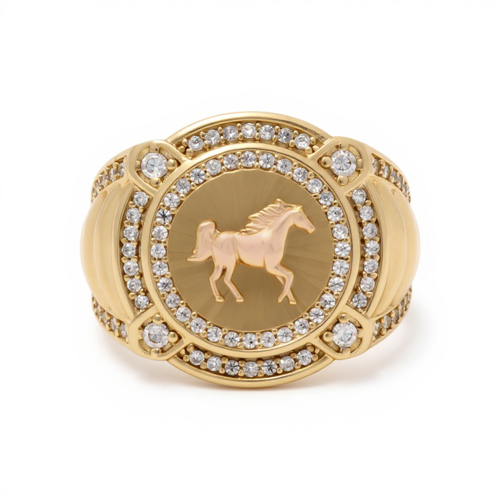 14K Yellow and Rose Gold Horse Men's Ring with Cz / Size 10 / Weight 7.4 GR / DOMRTT4HR