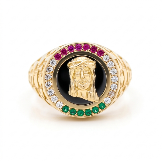 10K Yellow Gold Christ Men's Ring with Onyx and Multicolor Cz / Size:12 / Weight: 7.6 GR / CQMR0CRS