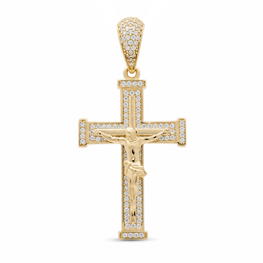 14K Yellow Gold Cross Pendant With Christ and Cz Stones / Size: 1.8"x0.8" / Weight: 4.1 GR / 400-01154