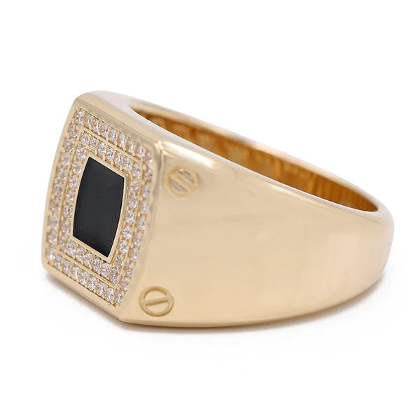 14k Yellow Gold Square Men's Ring with Black Enamel and CZ / Size 11 / Weight: 8.9 GR / COMR4SQBECZ