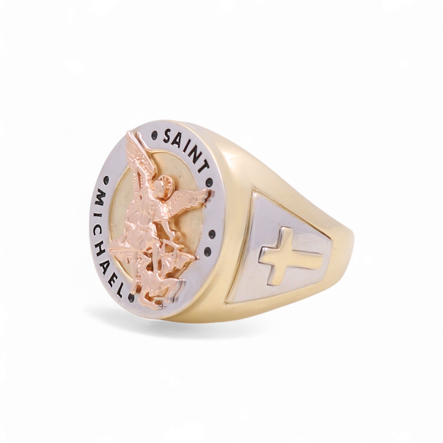 14K Yellow, White and Rose RD Saint Michael  Men's Ring with Cross / Size: 10 / Weight: 7.4 GR / KEEMR3T4SM