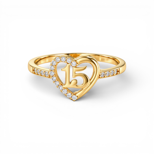 10K Yellow Gold Quinceañera Women's Ring with Heart and Cz / Size: 8 / Weight: 1.3 GR / DQWR0HR-20