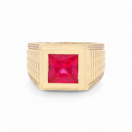 14K Yellow Gold Fashion Square Men's Ring with Red Cz / Size 11 / Weight: 9 GR / BOMR4FS-41