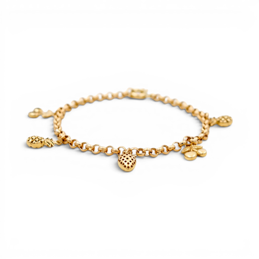 10k Yellow Gold Rolo Women's Bracelet with Fruits Hanging Charms / Size: 7.5" / Weight: 4.6 GR / DQWB0RL-3