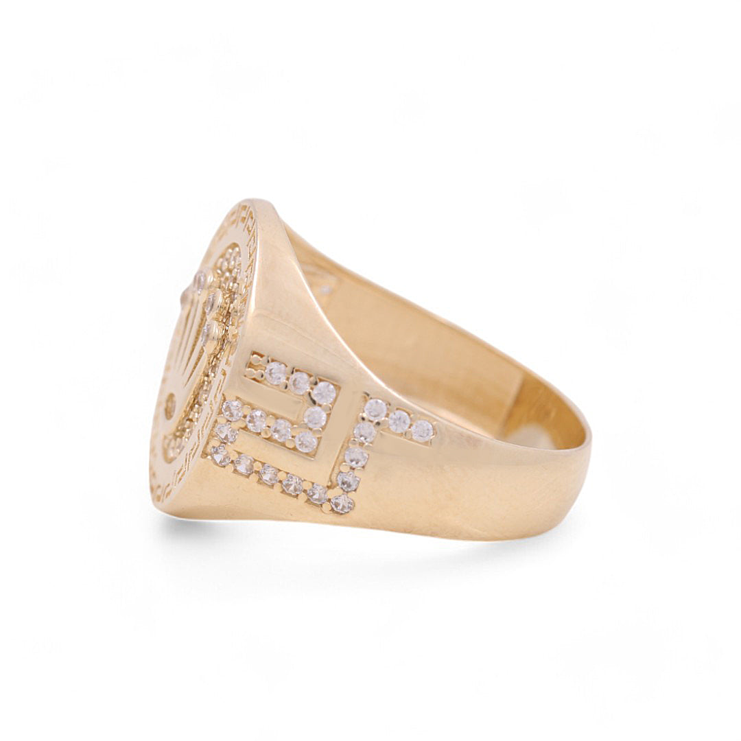 14K Yellow Gold Men’s Greek Ring / CZ / White Stones / Size 10.5 / Weight: 6.6 GR / COMR4FS-25