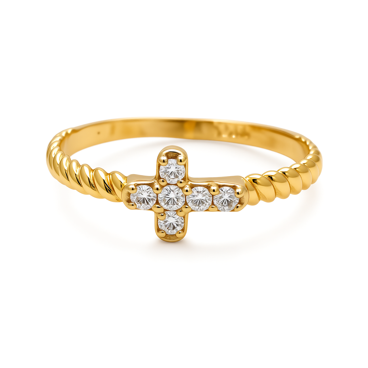 14K Yellow Gold Small Cross Women's Ring with Cz / Size: 7.5 / Weight: 1.2 GR / CEEWR4CS