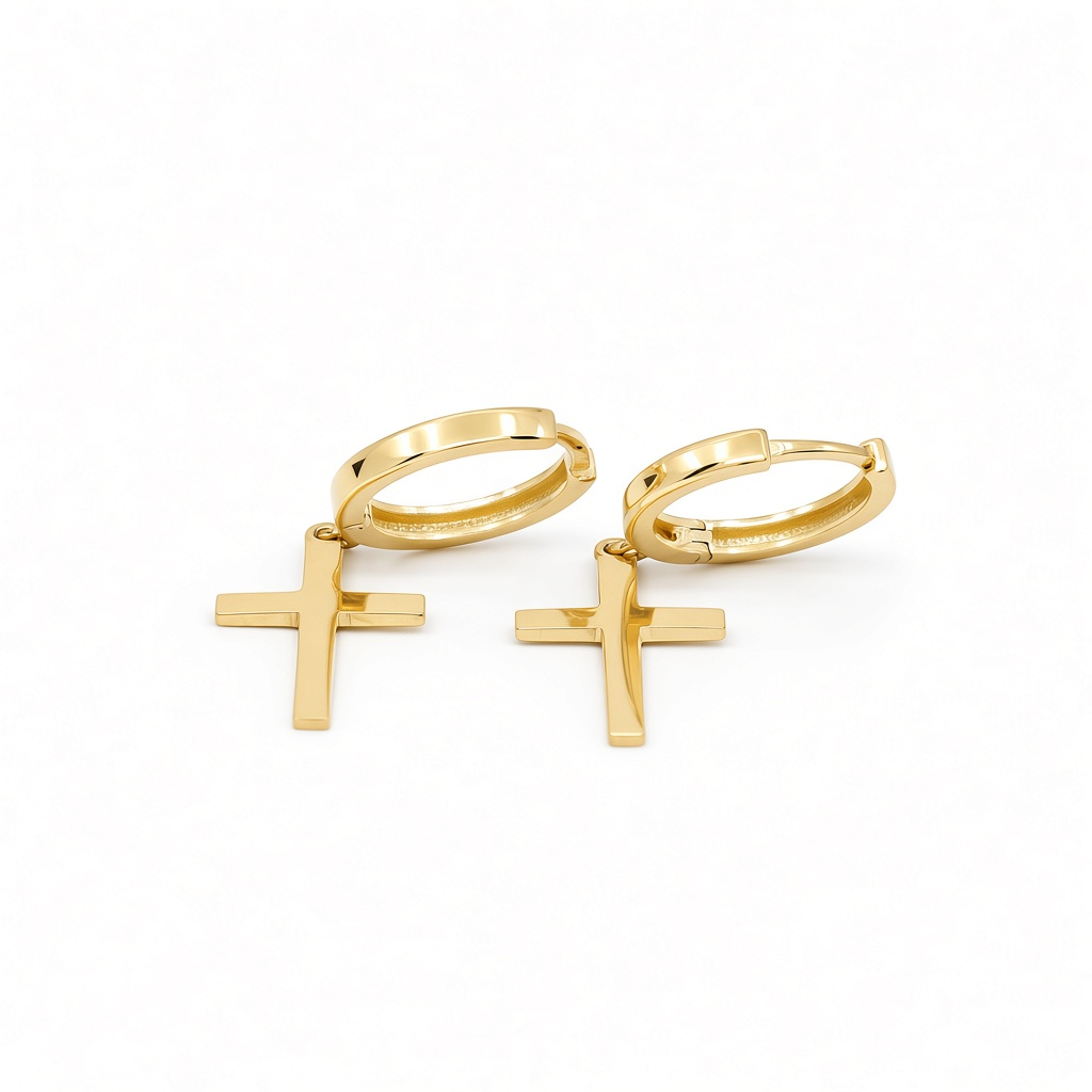14K Yellow Gold Hoop Earrings with Cross Charm / Weight: 2.4 GR / DOEH4CS