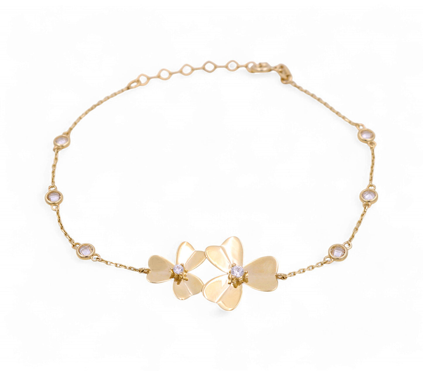 14K Yellow Gold Women's Fashion Two Flowers Bracelet / CZ / Size: 7" / Weight: 2.6 GR / P55S-5