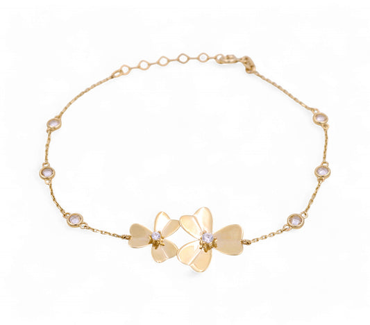 14K Yellow Gold Women's Fashion Two Flowers Bracelet / CZ / Size: 7" / Weight: 2.6 GR / P55S-5