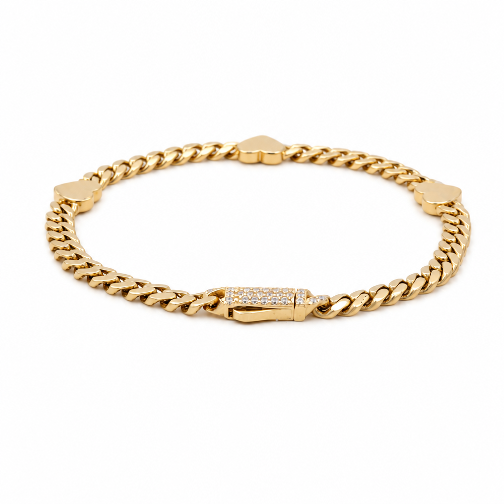 10K TF Yellow Gold Women's Three Diamond Cut Heart Bracelet / Size: 7" / Weight: 4.6 GR / DQWB0HR-7