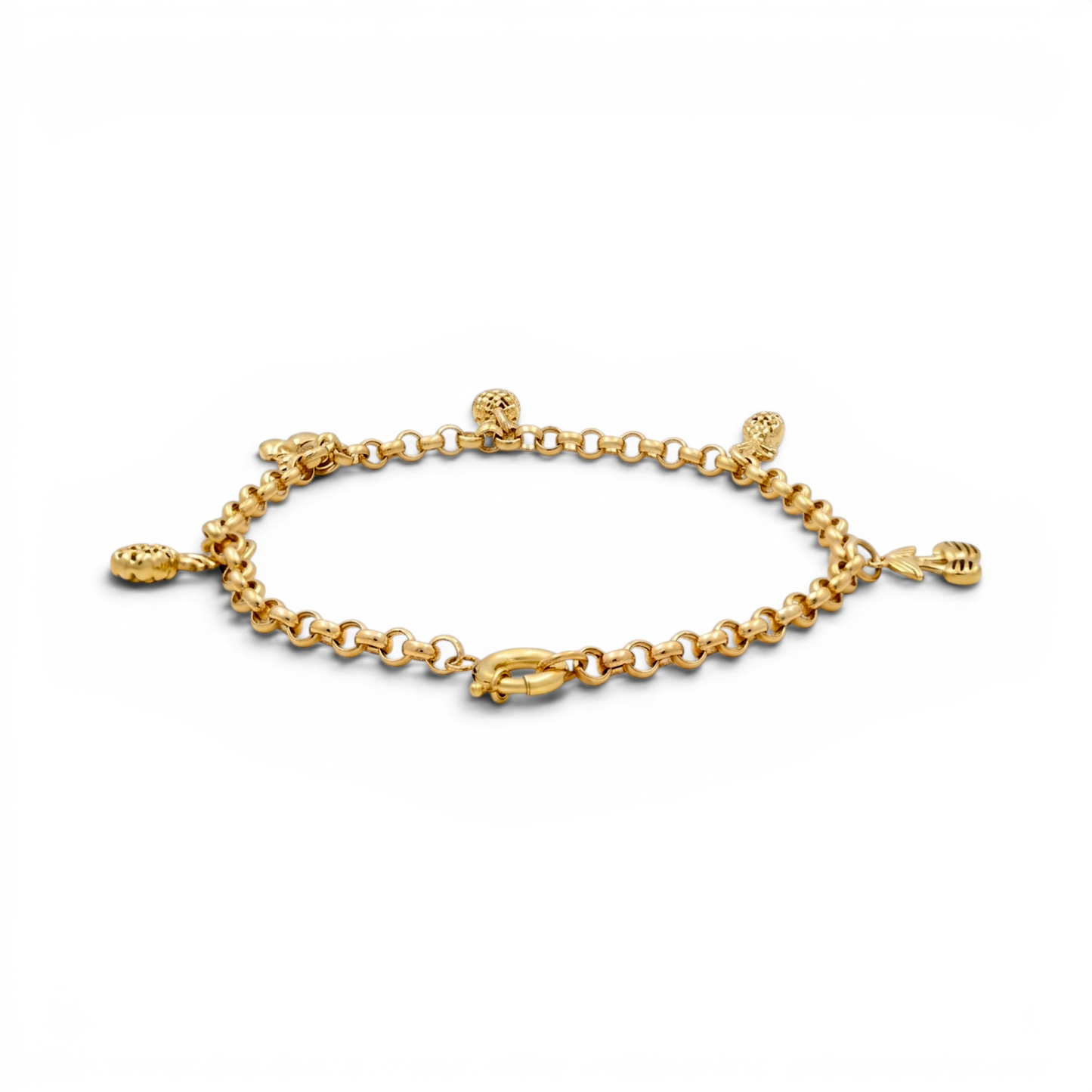 10k Yellow Gold Rolo Women's Bracelet with Fruits Hanging Charms / Size: 7.5" / Weight: 4.6 GR / DQWB0RL-3
