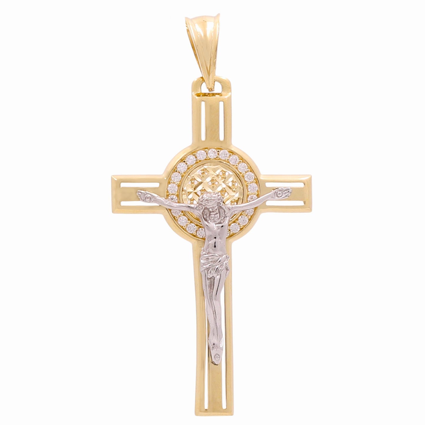 14K Yellow and White Gold Cross with Christ Pendant and CZ /  Weight: 6.9 GR / 602-00104