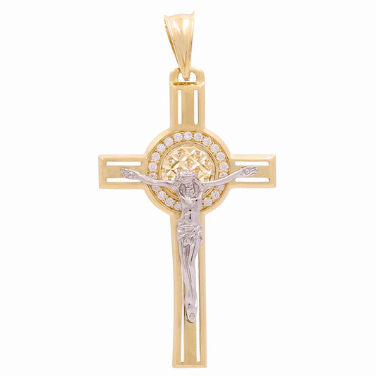 14K Yellow and White Gold Cross with Christ Pendant and CZ /  Weight: 6.9 GR / 602-00104