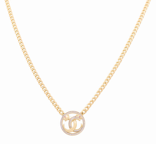 10K Yellow Gold Cuban Link Women's CC Necklace with Panthers and Cz / Size: 18" / Weight: 11.7 GR / DONK0CCPT