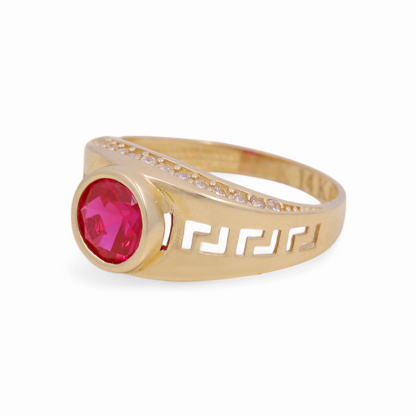 14k Yellow Gold Round Kids Ring with Greek and Red Cz / Size 4.5 / Weight 2.5 GR / COKR4FS