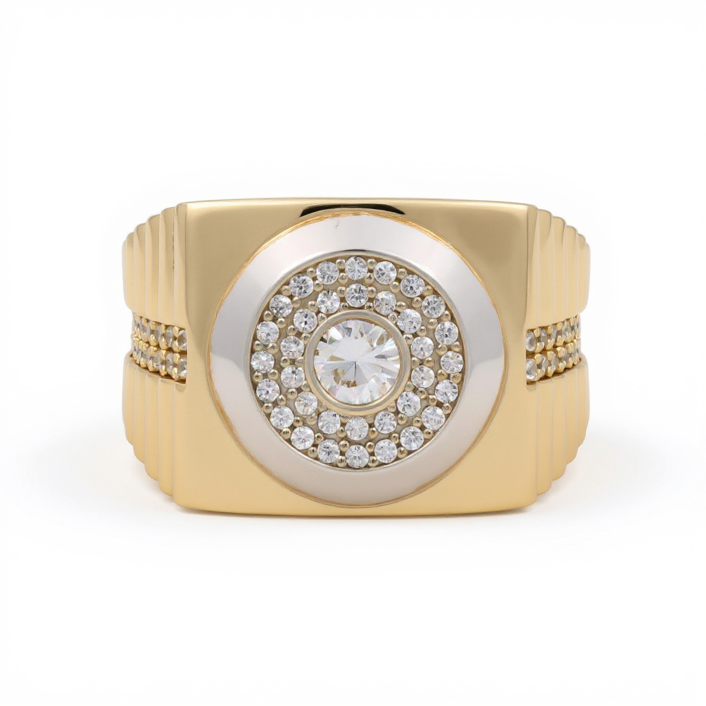 14K Yellow and White Gold Fashion Men’s Ring with White Stones / Size 11 / Weight: 9 GR / DOMRTT4FS