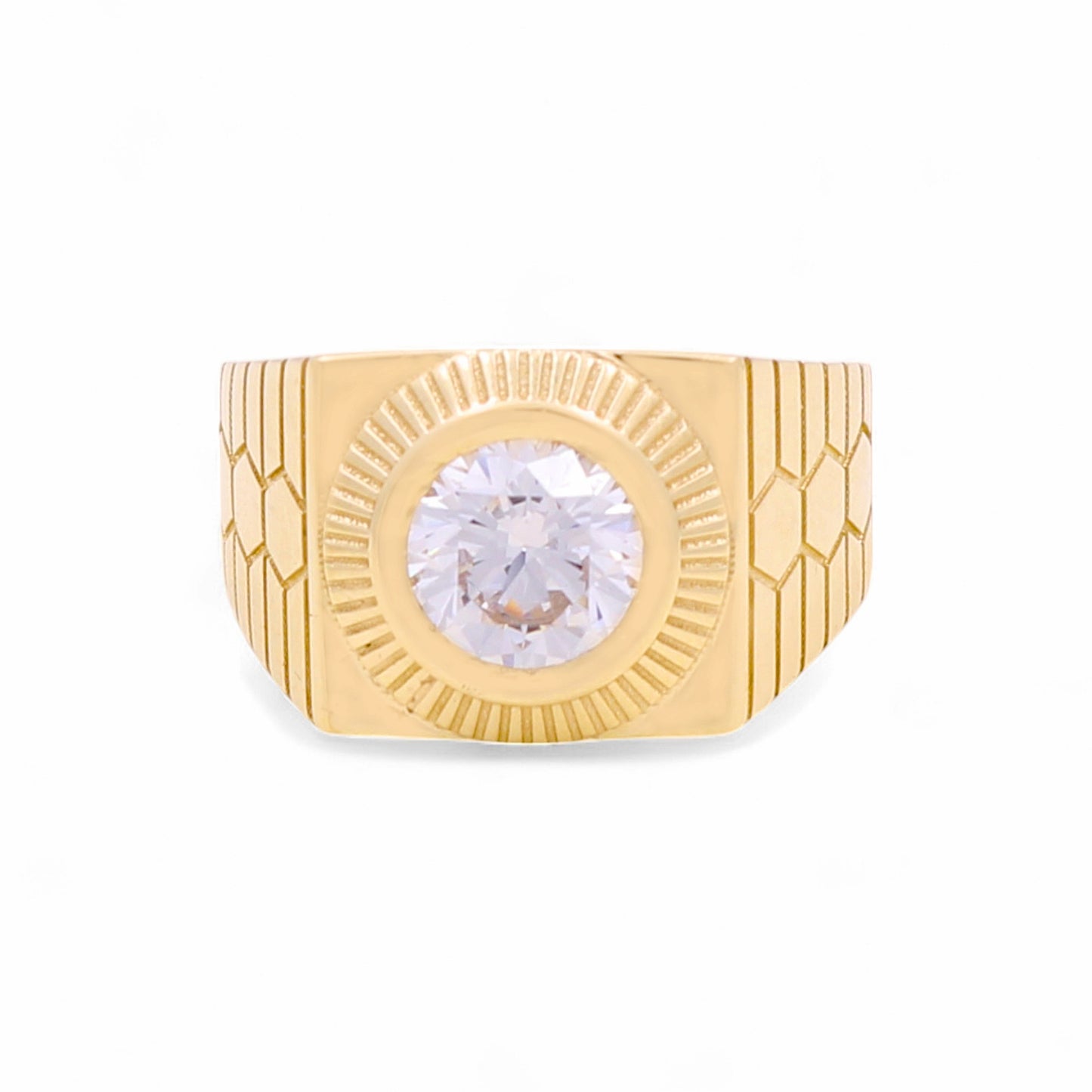 14K Yellow Gold Fashion Round Men's Ring with White Cz / Size 10 / Weight: 6.7 GR / BOMR4FS-39