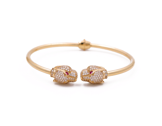 14K Yellow Gold SemiSolid Bangle Bracelet with Panther and Cz / Weight: 9.4 GR / CCFBB4PT