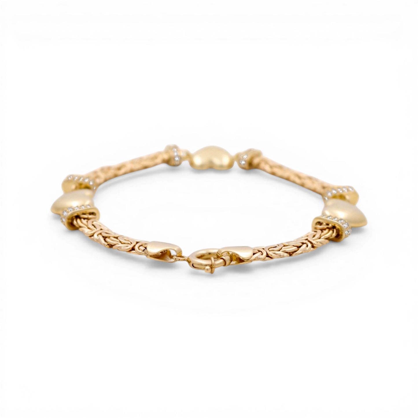 10K Yellow Gold Byzantine Link Women's Bracelet with Three Hearts / Stone: Cz / Size: 7.5" / Weight: 7.7 GR / DQWB0BZHR-2