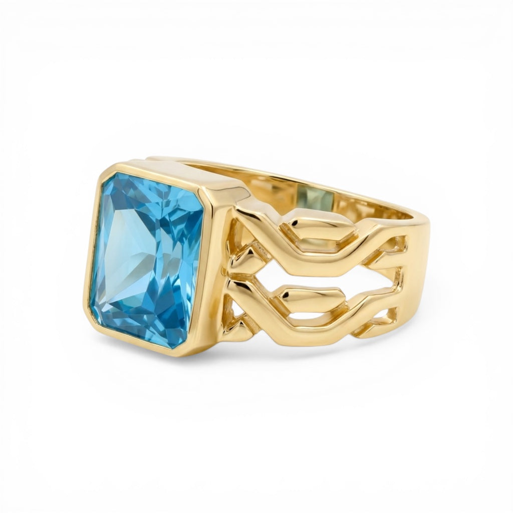 10K Yellow Gold Fashion Men's Ring with Light Blue Stone / Size: 9.5 / Weight: 9.2 GR / CLBMR0FS