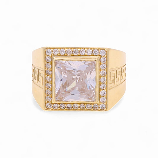 14K Yellow Gold Square Men's Greek Ring with and White Cz / Size 10 / Weight 8.7 GR / BOMR4FS-37