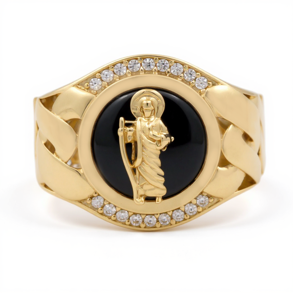 10K Yellow Gold San Judas RD Men's Ring with Onyx and Cz / Size: 11 / Weight: 7.6 GR / CQMR0SJ