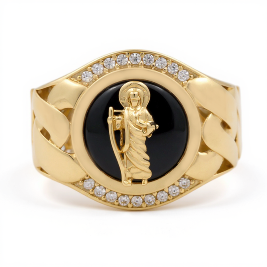 10K Yellow Gold San Judas RD Men's Ring with Onyx and Cz / Size: 11 / Weight: 7.6 GR / CQMR0SJ