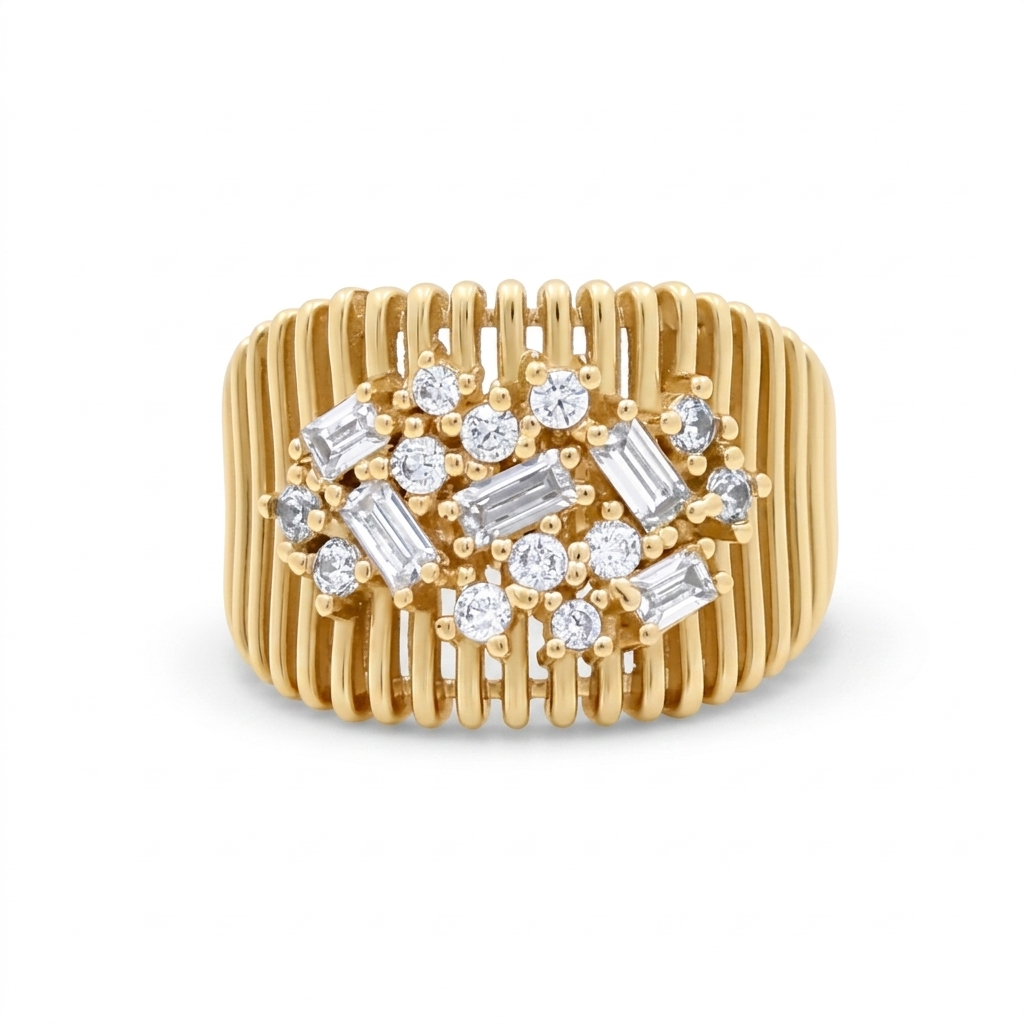 14K Yellow Gold Fashion Baguette Women's Ring with White Stones / Size: 8.5 / Weight: 7.2GR / DQWR4FS-53