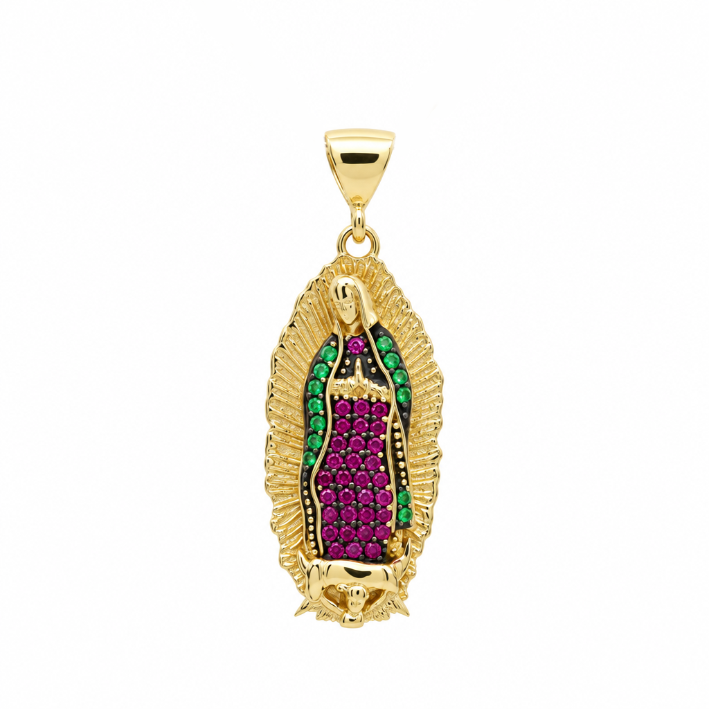 14K Yellow Gold Virgen de Guadalupe Medal Pendant with Colours Cz / Size: 24MM / Weight: 2.6 GR / DQPD4VG