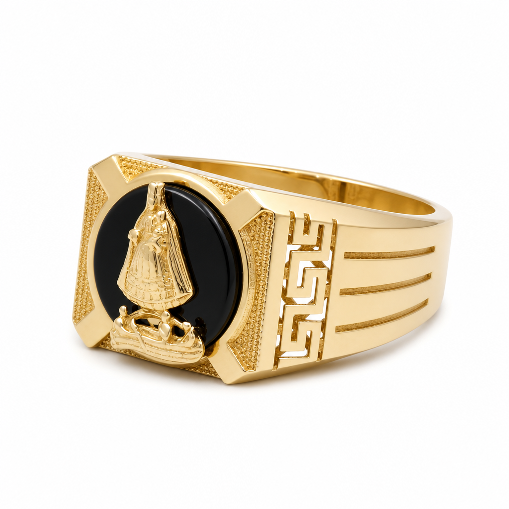 14k Yellow Gold Virgen de la Caridad Men's Rings with Onyx Stone / Size:11 / Weight: 5.0 GR / CQMR4VC