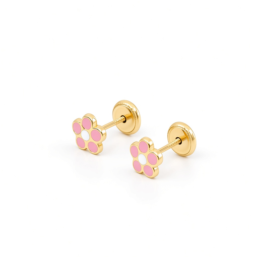 14K Yellow Gold Pink Flower Stud Earrings / 6-869601P