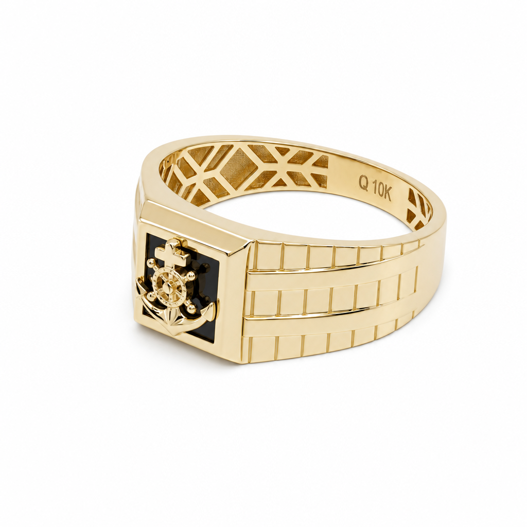10K Yellow Gold Men's Anchor Ring with Onix Stone / Size: 11.5 / Weight: 4.3 GR / CQMR0AN-10