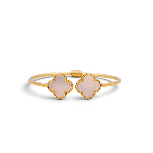 14K Yellow Gold Semisolid Mother of Pearl Two Clover Bangle / Weight: 8.7 GR / COBB4CLV-1