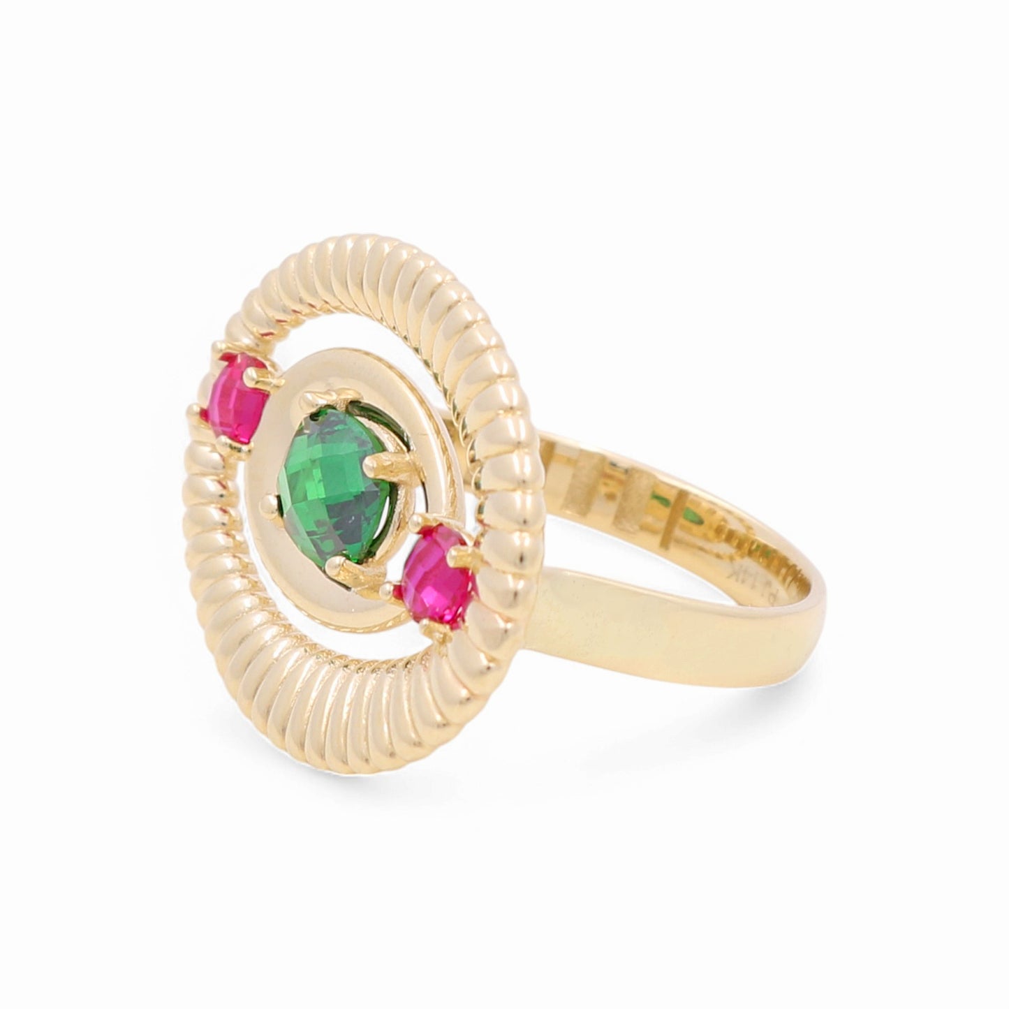 14K Yellow Gold Fashion Women's Ring with Pink and Green Cz / Size: 9 / Weight: 5.5 GR / CPWR4FS-15