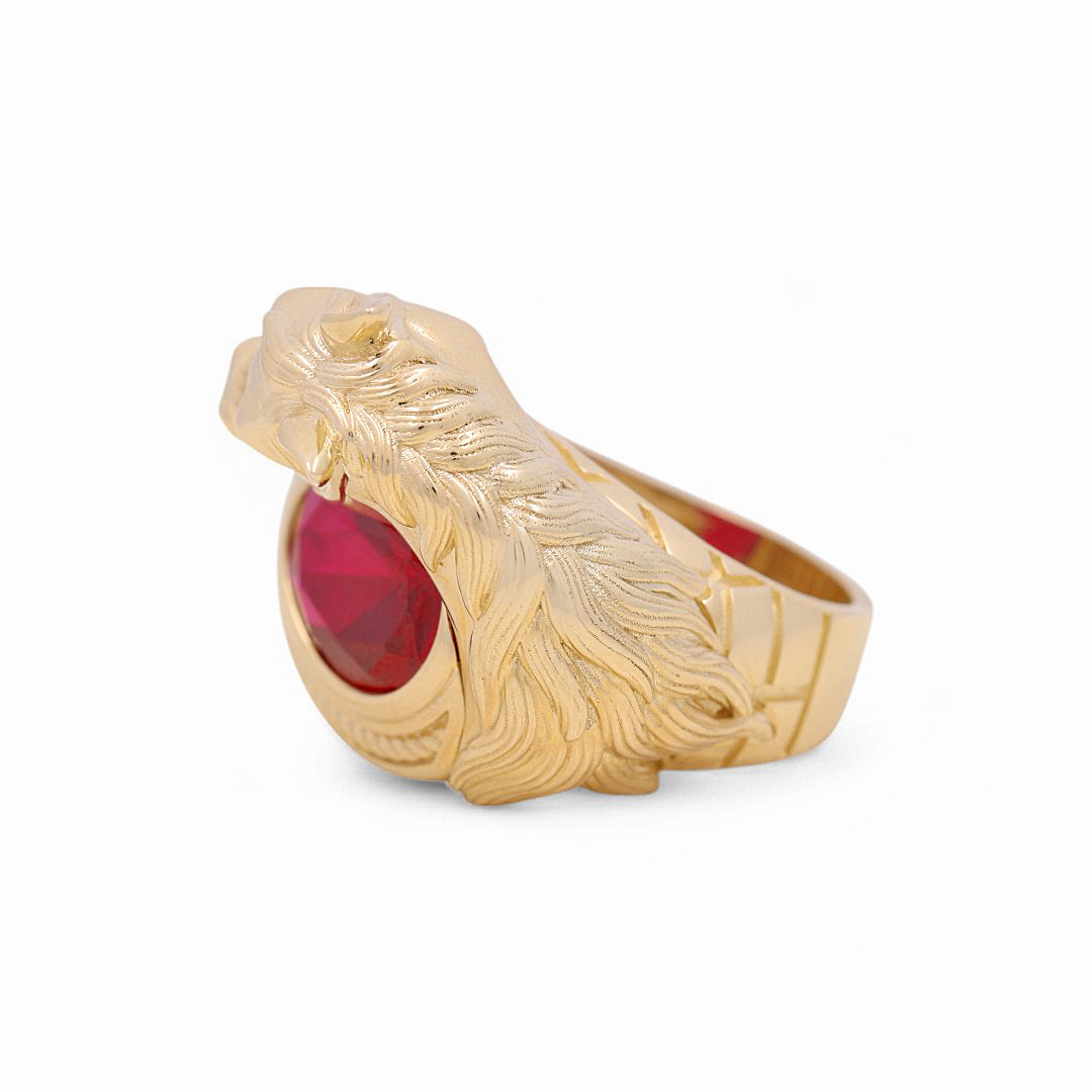 10K Yellow Gold Horse Men's Ring with Red Cz / Size: 10.5 / Weight: 11.2 GR / P04M-1022